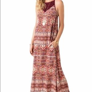 Red Multicolored High Neck Maxi Dress with Pockets